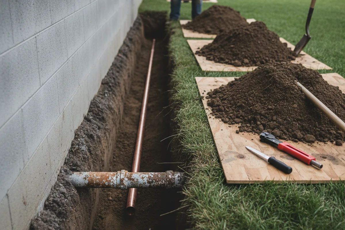 Excavated water line trench during Water Softener Installation in Breeden